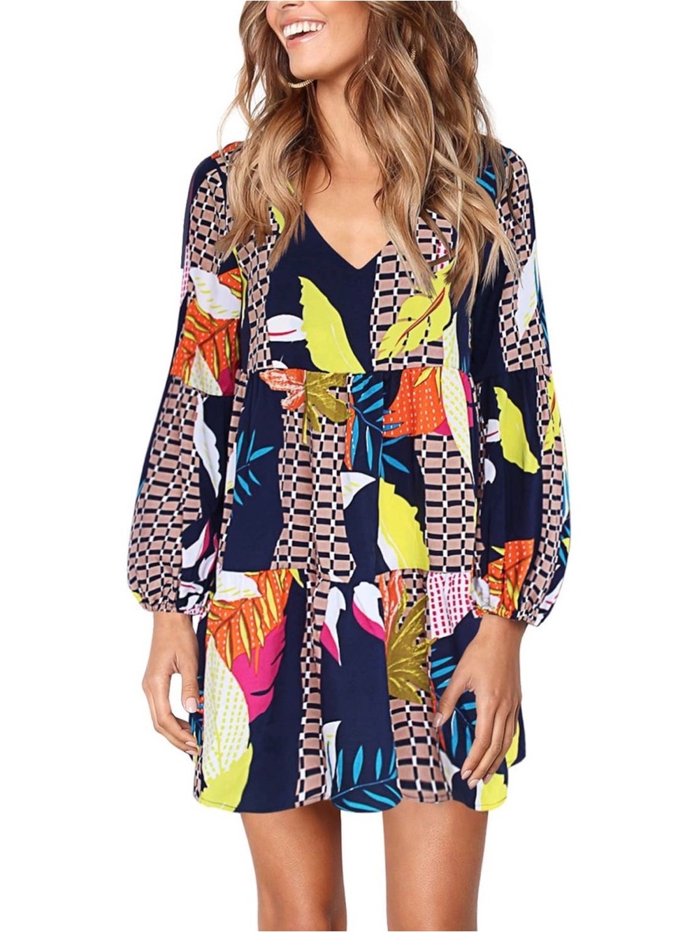 Tropical Mixed Print Tiered Mini Dress Long Sleeve V Neck Size Large